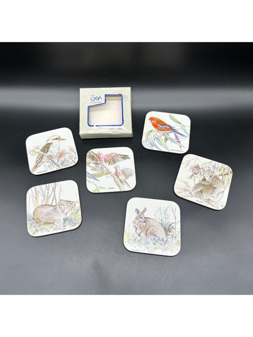Vintage Casa Australia Coasters Cork Backed Kangaroo Kookaburra Birds JP 1987